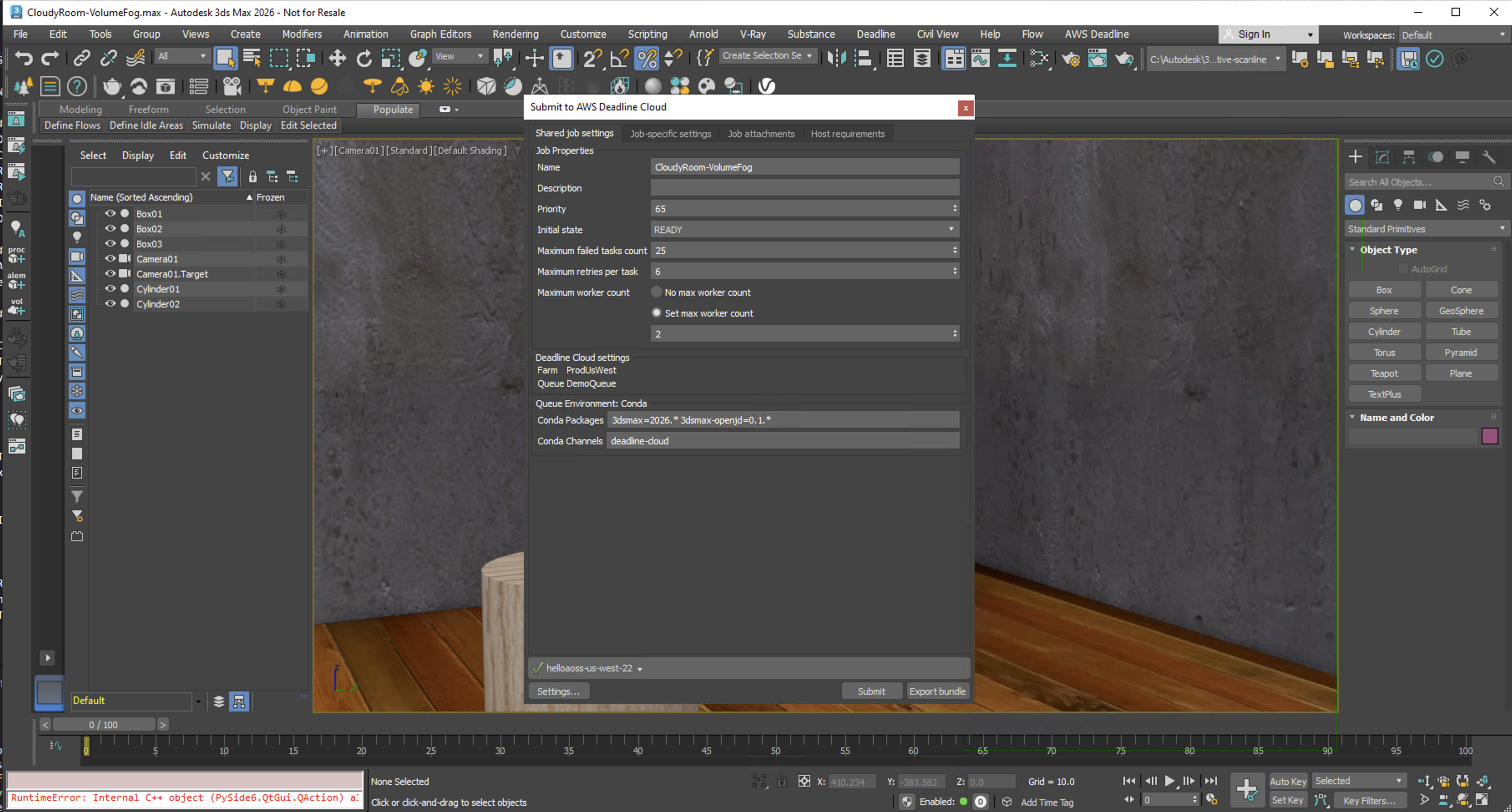 Screenshot showing Deadline Cloud's 3dsmax submitter with Autodesk 3ds Max running behind it