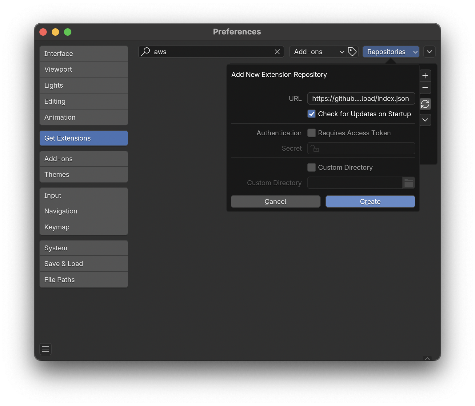 Screenshot of the Blender preferences window with an open pop-up for adding an extension repository