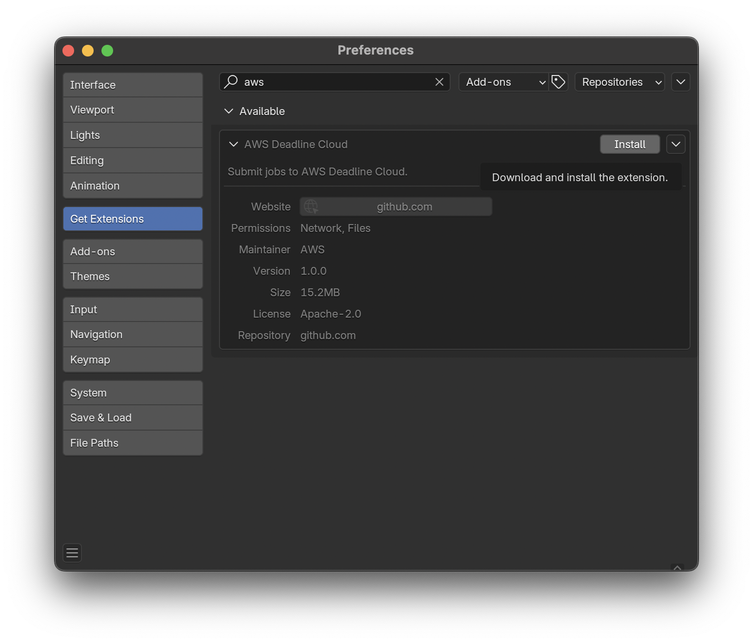Screenshot of the Blender preferences window with the AWS Deadline Cloud add-on available for installation