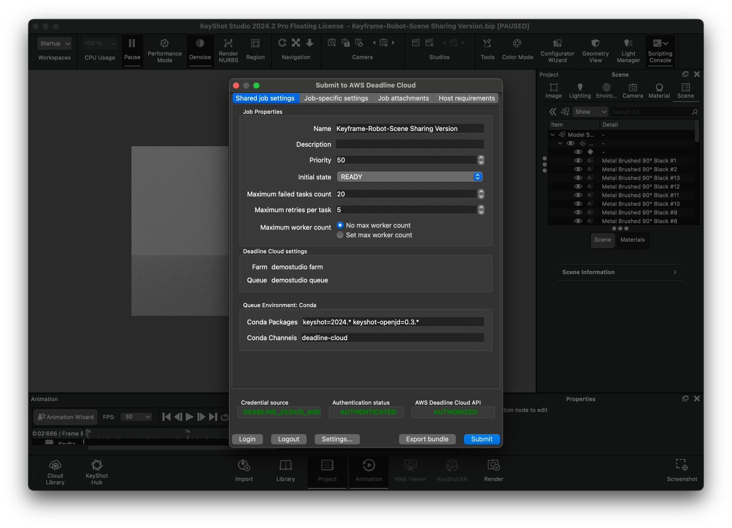 Screenshot showing Deadline Cloud's KeyShot submitter with KeyShot Studio running behind it