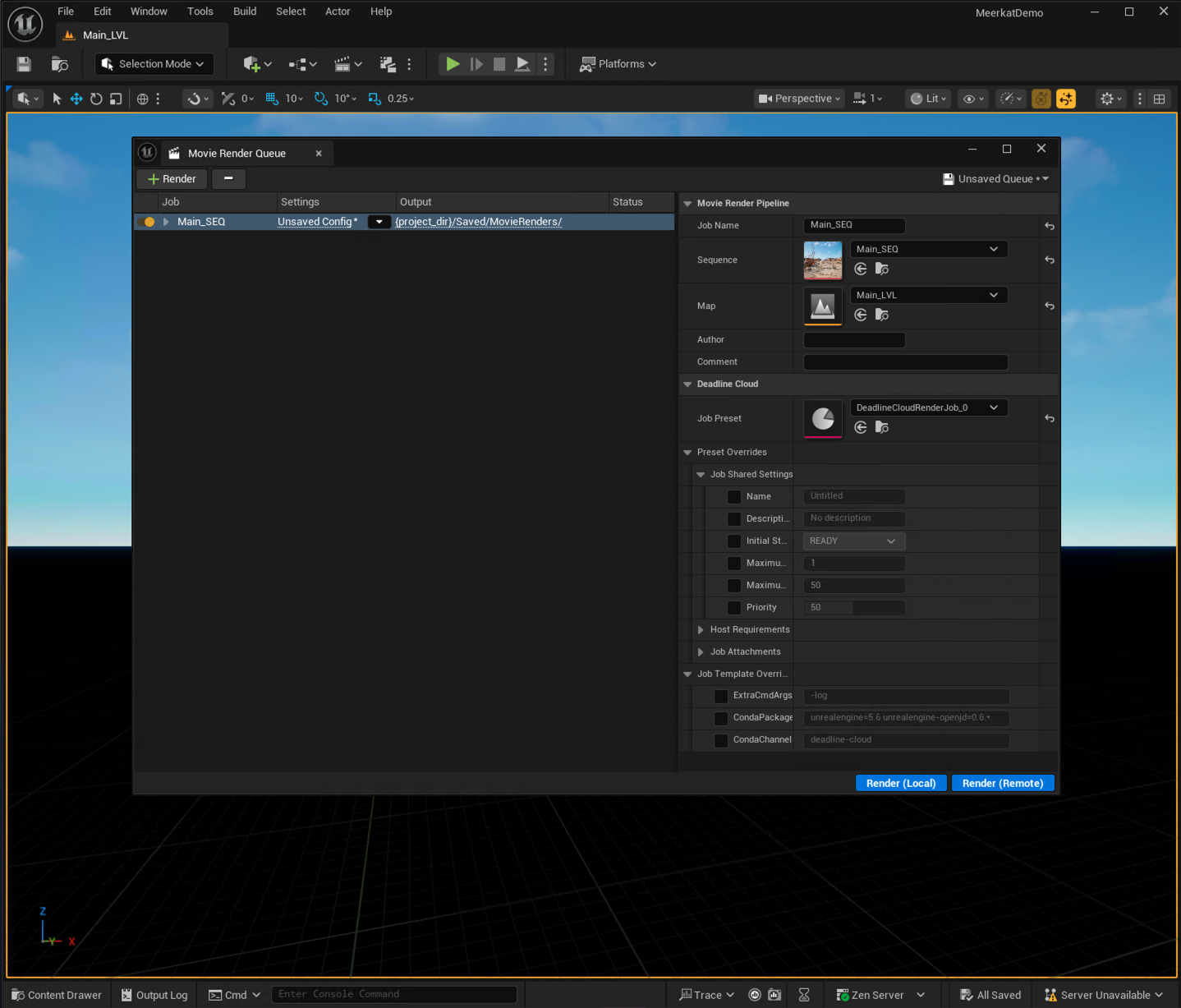 Screenshot showing Deadline Cloud's Unreal Engine submitter plugin with Unreal Engine running behind it