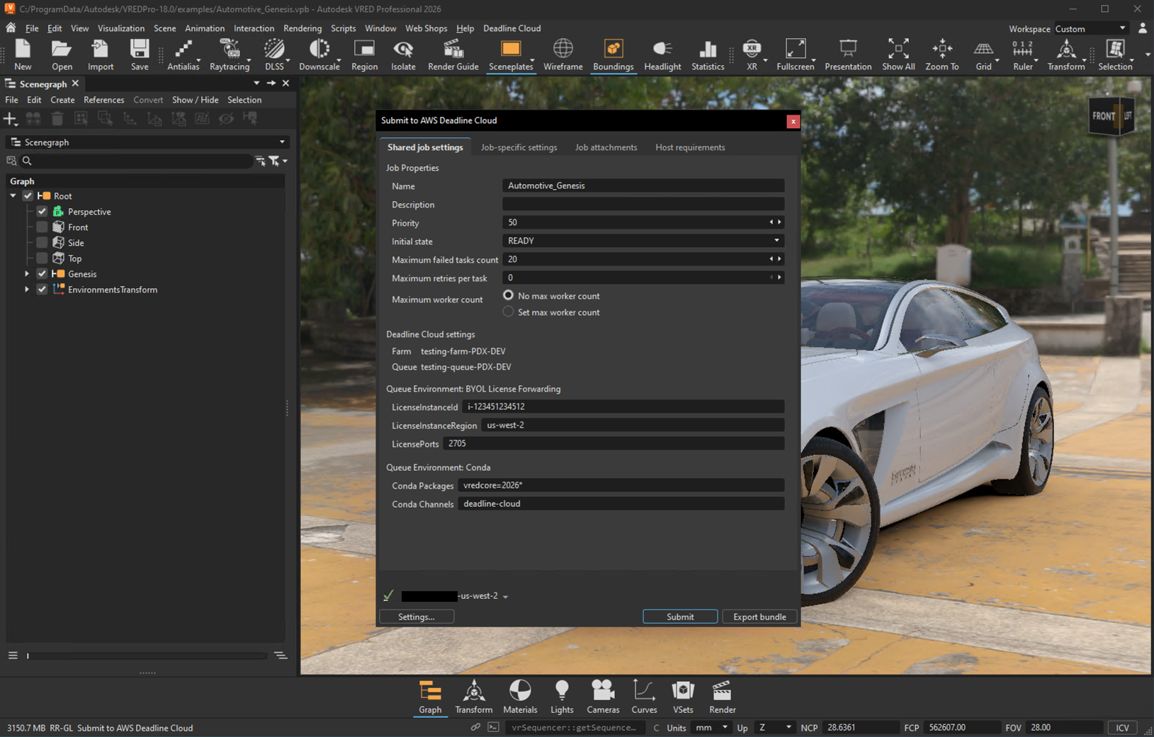 Screenshot showing Deadline Cloud's VRED submitter with Autodesk VRED running behind it